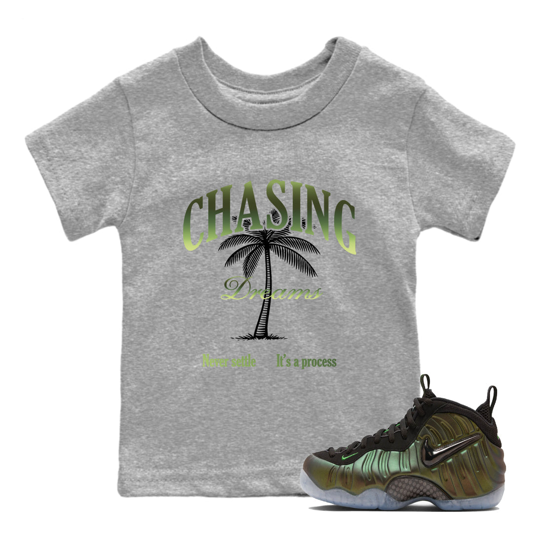 Best Christmas gifts for sneakerheads - Sneaker Tees To Match Air Foamposite One Pine Green Sneakers – Chasing Dreams Kids T-Shirt Heather Grey 1