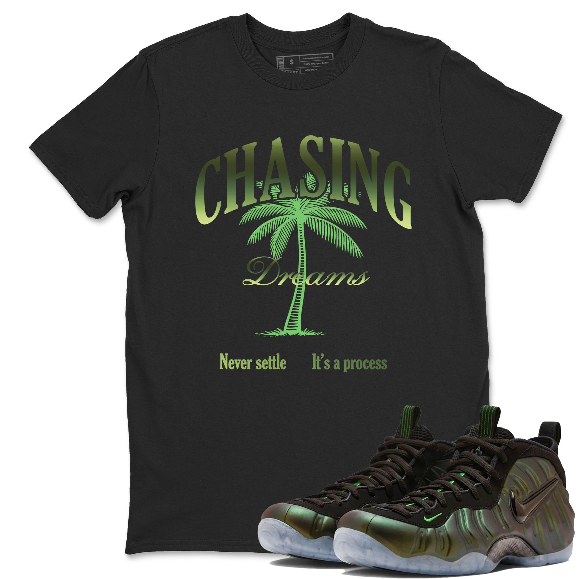 Best Christmas gifts for sneakerheads - Sneaker Tees To Match Air Foamposite One Pine Green Sneakers – Chasing Dreams Tee Black 1