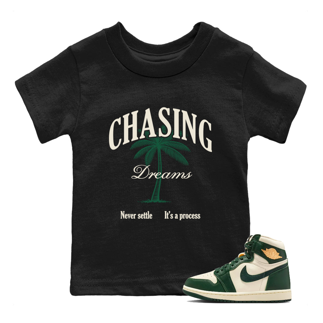 Sneaker Threads – Sneaker Tees To Match Air Jordan 1 Pro Green – Chasing Dreams Youth Graphic Tee Black 1. Perfect for Jordan releases 2025 colorways.