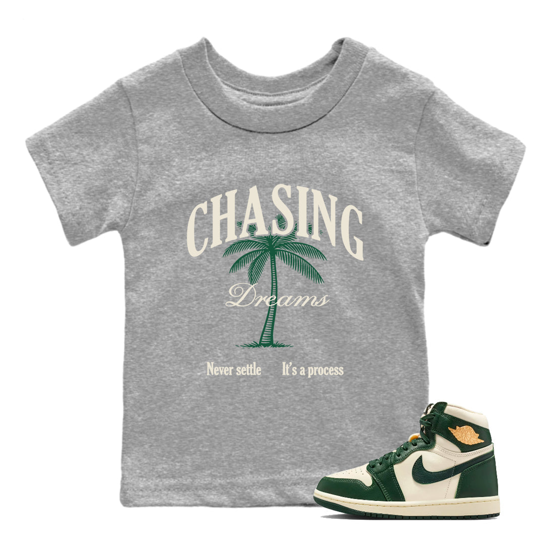 Sneaker Threads – Sneaker Tees To Match Air Jordan 1 Pro Green – Chasing Dreams Youth Graphic Tee Heather Grey 1. Perfect for Jordan releases 2025 colorways.