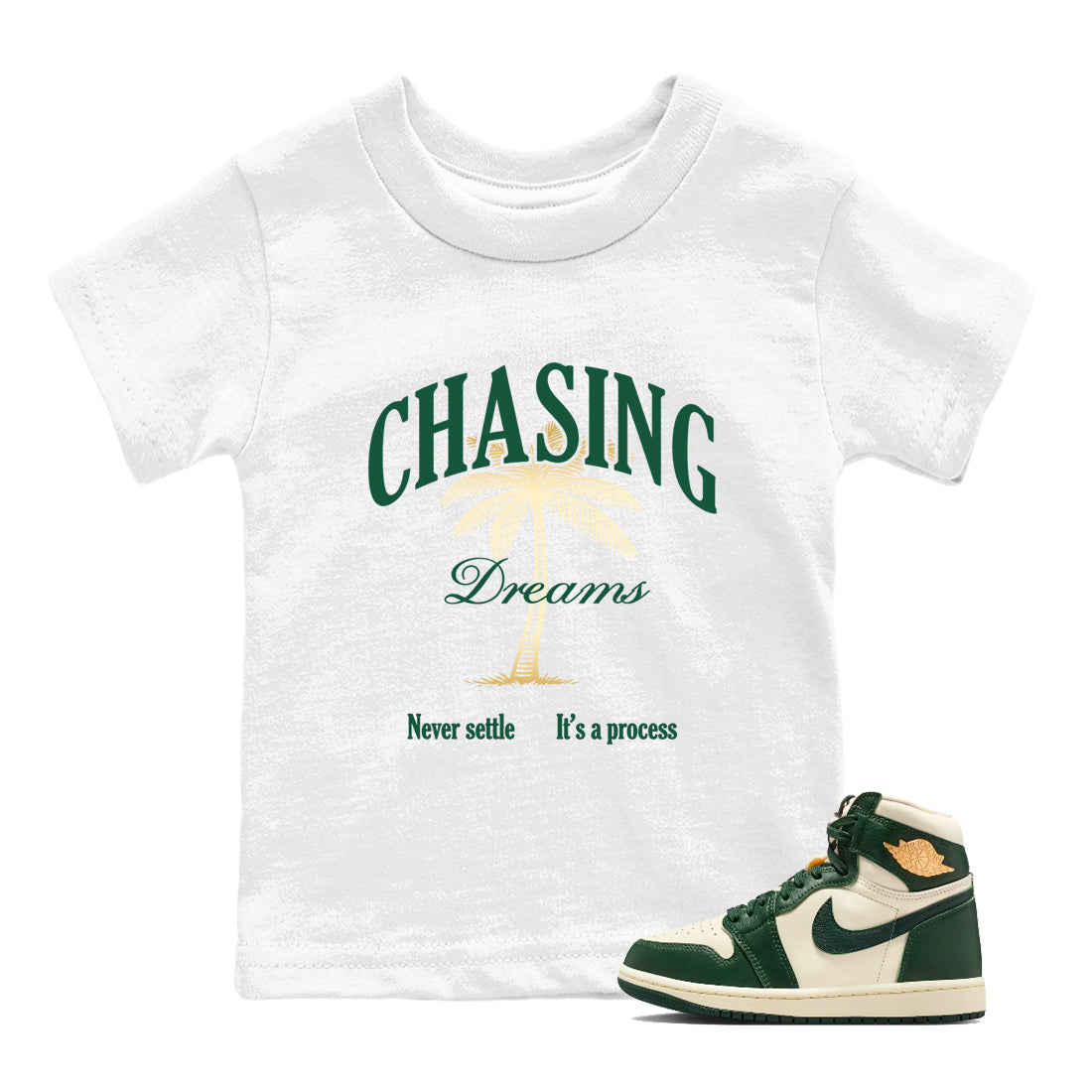 Sneaker Threads – Sneaker Tees To Match Air Jordan 1 Pro Green – Chasing Dreams Youth Graphic Tee White 1. Perfect for Jordan releases 2025 colorways.