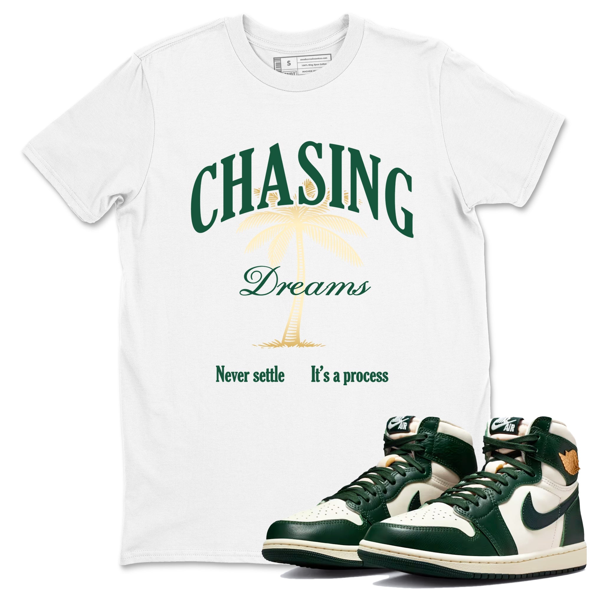 Sneaker Threads – Sneaker Tees To Match Air Jordan 1 Pro Green – Chasing Dreams Graphic Tee White 1. Perfect for Jordan releases 2025 colorways.