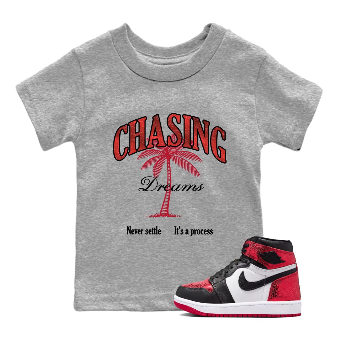 Chasing Dreams baby and kids t-shirt crafted for little sneakerheads to shine with the Air Jordan 1 Ruby sneakers, displayed in Heather Grey 1.