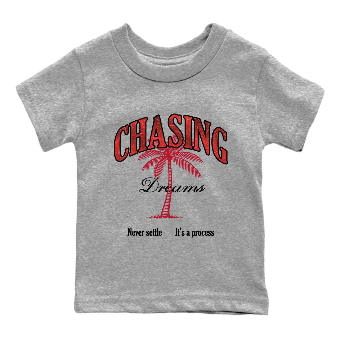 Chasing Dreams baby and kids t-shirt crafted for little sneakerheads to shine with the Air Jordan 1 Ruby sneakers, displayed in Heather Grey 2.