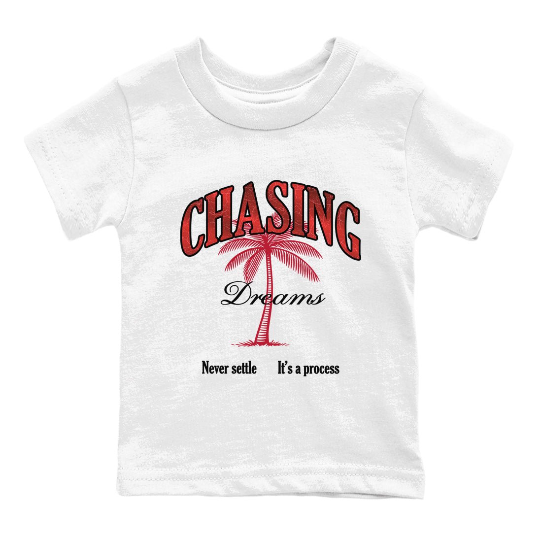 Chasing Dreams baby and kids t-shirt crafted for little sneakerheads to shine with the Air Jordan 1 Ruby sneakers, displayed in White 2.