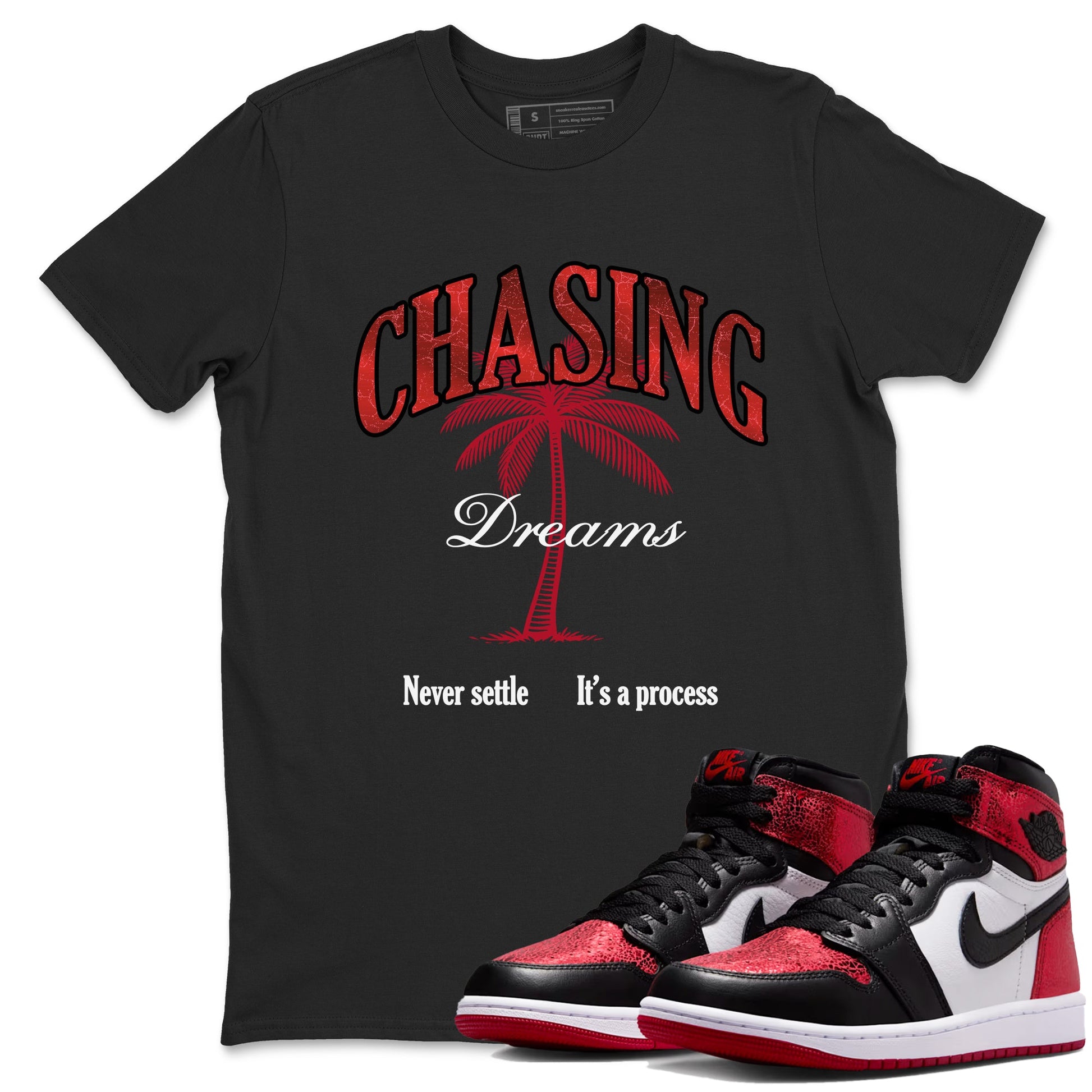 Chasing Dreams sneaker match t-shirt styled to complete your fit with the Air Jordan 1 Ruby sneakers, shown in Black 1.