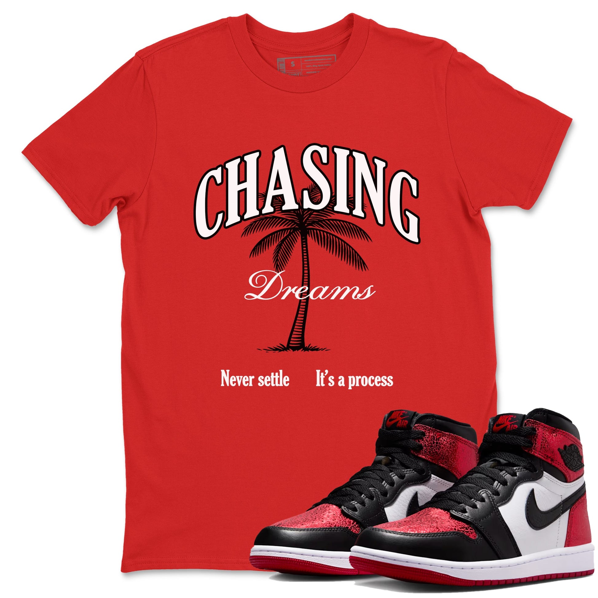 Chasing Dreams sneaker match t-shirt styled to complete your fit with the Air Jordan 1 Ruby sneakers, shown in Red 1.