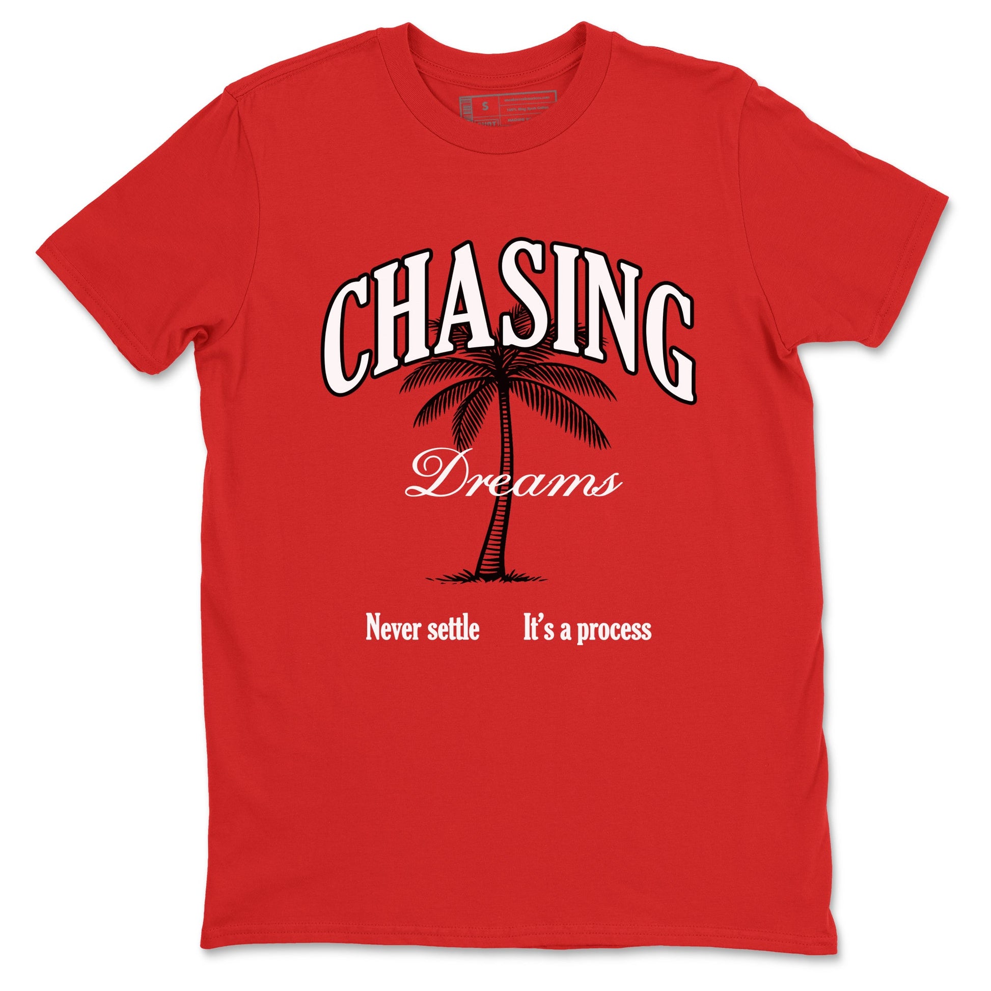 Chasing Dreams sneaker match t-shirt styled to complete your fit with the Air Jordan 1 Ruby sneakers, shown in Red 2.