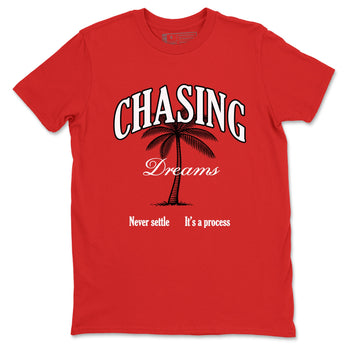 Chasing Dreams sneaker match t-shirt styled to complete your fit with the Air Jordan 1 Ruby sneakers, shown in Red 2.