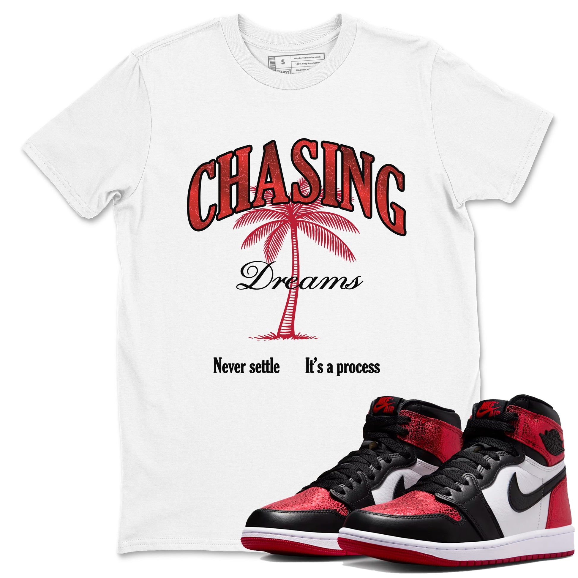 Chasing Dreams sneaker match t-shirt styled to complete your fit with the Air Jordan 1 Ruby sneakers, shown in White 1.