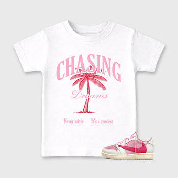 Perfect Sneakerhead Fashion Outfits – Sneaker Tees To Match Air Jordan 1 Low OG x Travis Scott Tropical Pink Shoes – Chasing Dreams Kids Graphic T-Shirt White 1