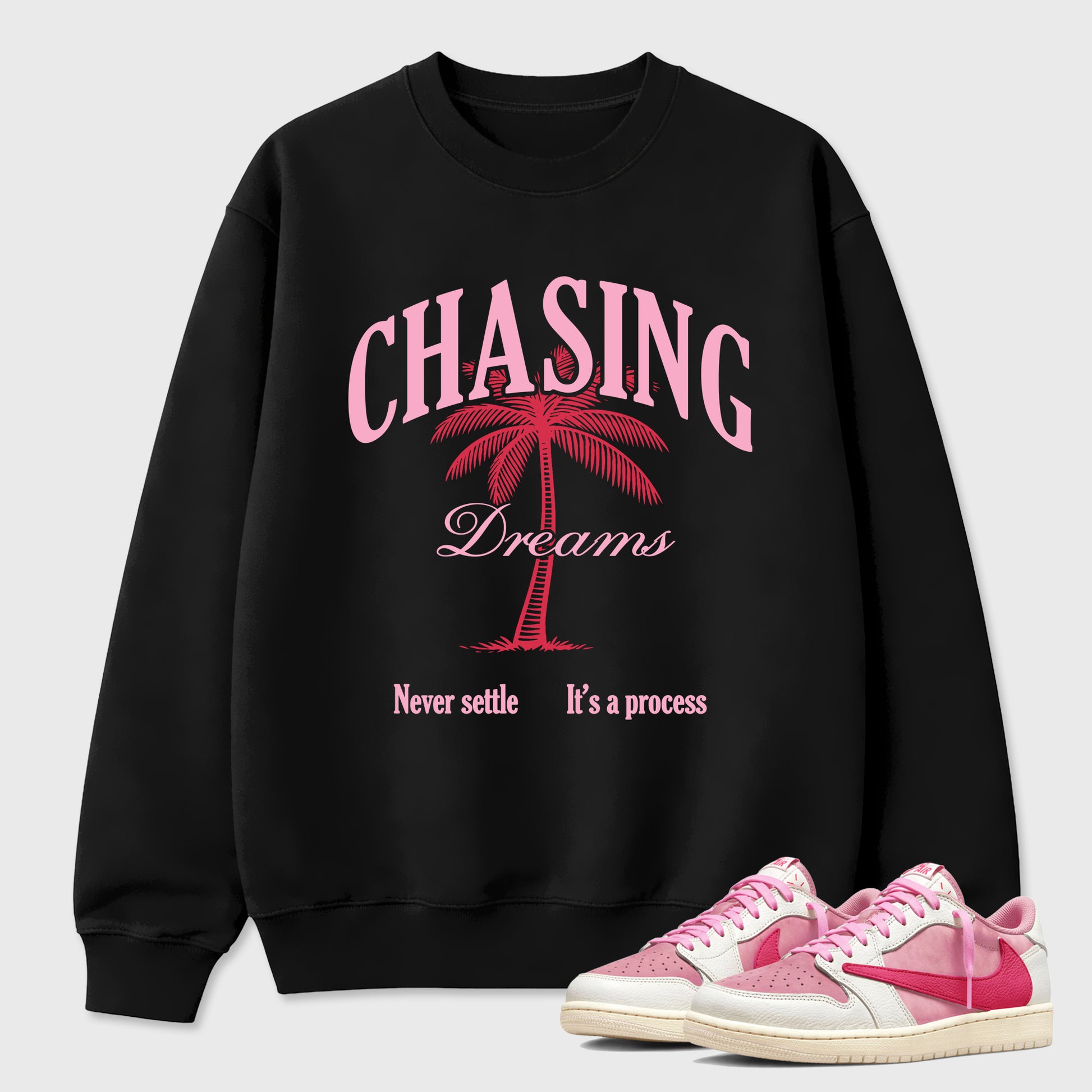 Perfect Sneakerhead Fashion Outfits – Sneaker Tees To Match Air Jordan 1 Low OG x Travis Scott Tropical Pink Shoes – Chasing Dreams Graphic Tee Black 1