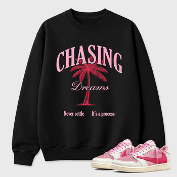 Perfect Sneakerhead Fashion Outfits – Sneaker Tees To Match Air Jordan 1 Low OG x Travis Scott Tropical Pink Shoes – Chasing Dreams Graphic Tee Black 1