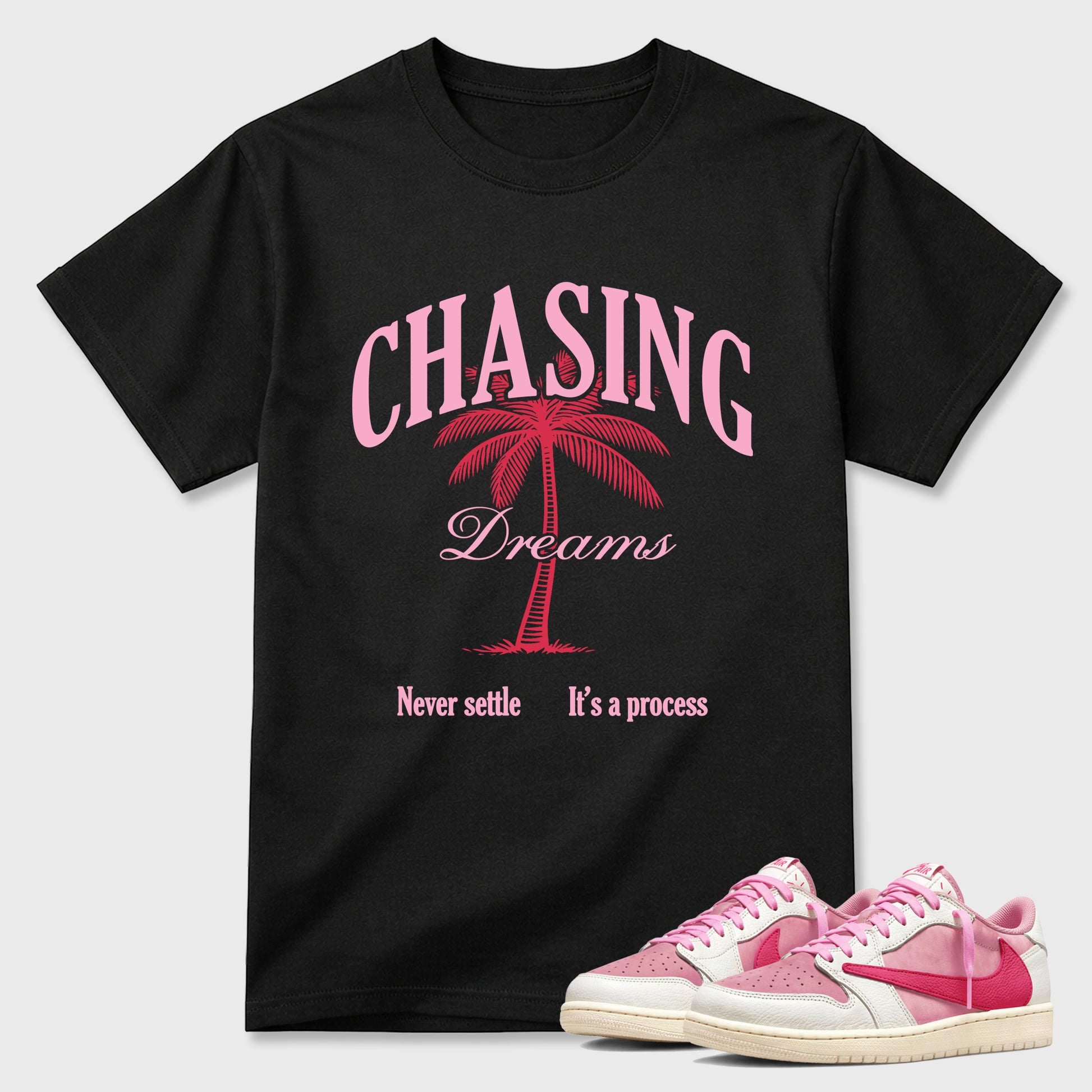 Perfect Sneakerhead Fashion Outfits – Sneaker Tees To Match Air Jordan 1 Low OG x Travis Scott Tropical Pink Shoes – Chasing Dreams Graphic Tee Black 1