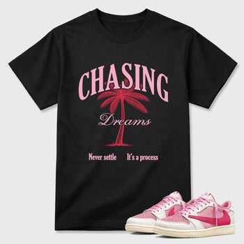 Perfect Sneakerhead Fashion Outfits – Sneaker Tees To Match Air Jordan 1 Low OG x Travis Scott Tropical Pink Shoes – Chasing Dreams Graphic Tee Black 1