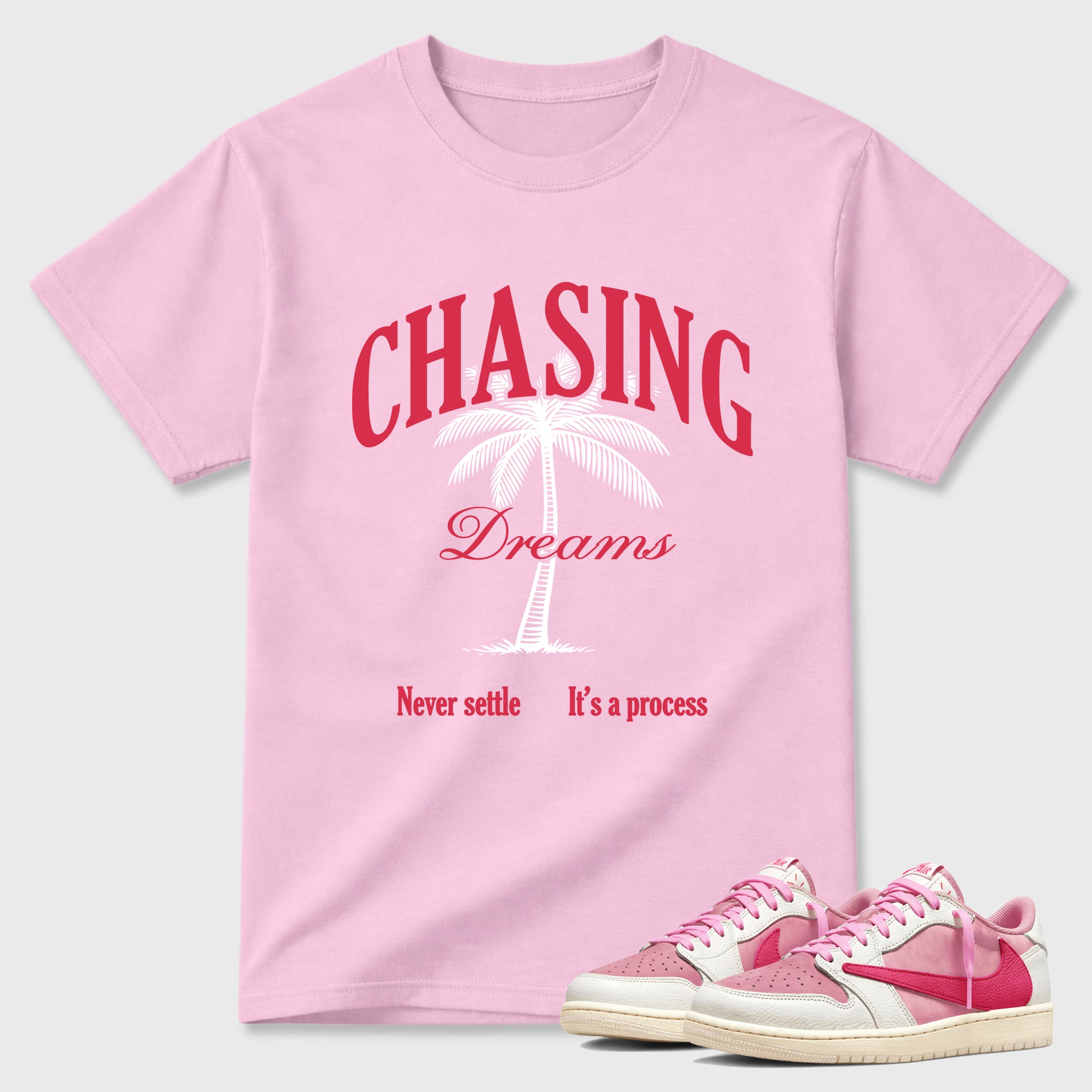 Perfect Sneakerhead Fashion Outfits – Sneaker Tees To Match Air Jordan 1 Low OG x Travis Scott Tropical Pink Shoes – Chasing Dreams Graphic Tee Pink 1