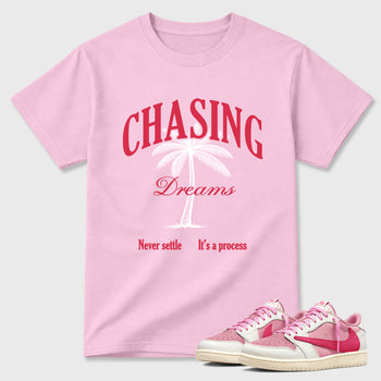Perfect Sneakerhead Fashion Outfits – Sneaker Tees To Match Air Jordan 1 Low OG x Travis Scott Tropical Pink Shoes – Chasing Dreams Graphic Tee Pink 1