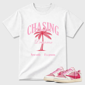 Perfect Sneakerhead Fashion Outfits – Sneaker Tees To Match Air Jordan 1 Low OG x Travis Scott Tropical Pink Shoes – Chasing Dreams Graphic Tee White 1