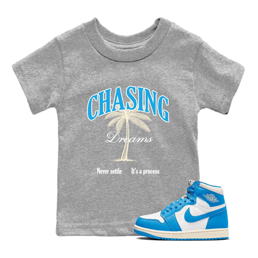 Chasing Dreams baby and kids t-shirt crafted for little sneakerheads to shine with the Air Jordan 1 UNC Reimagined sneakers, displayed in Heather Grey 1.