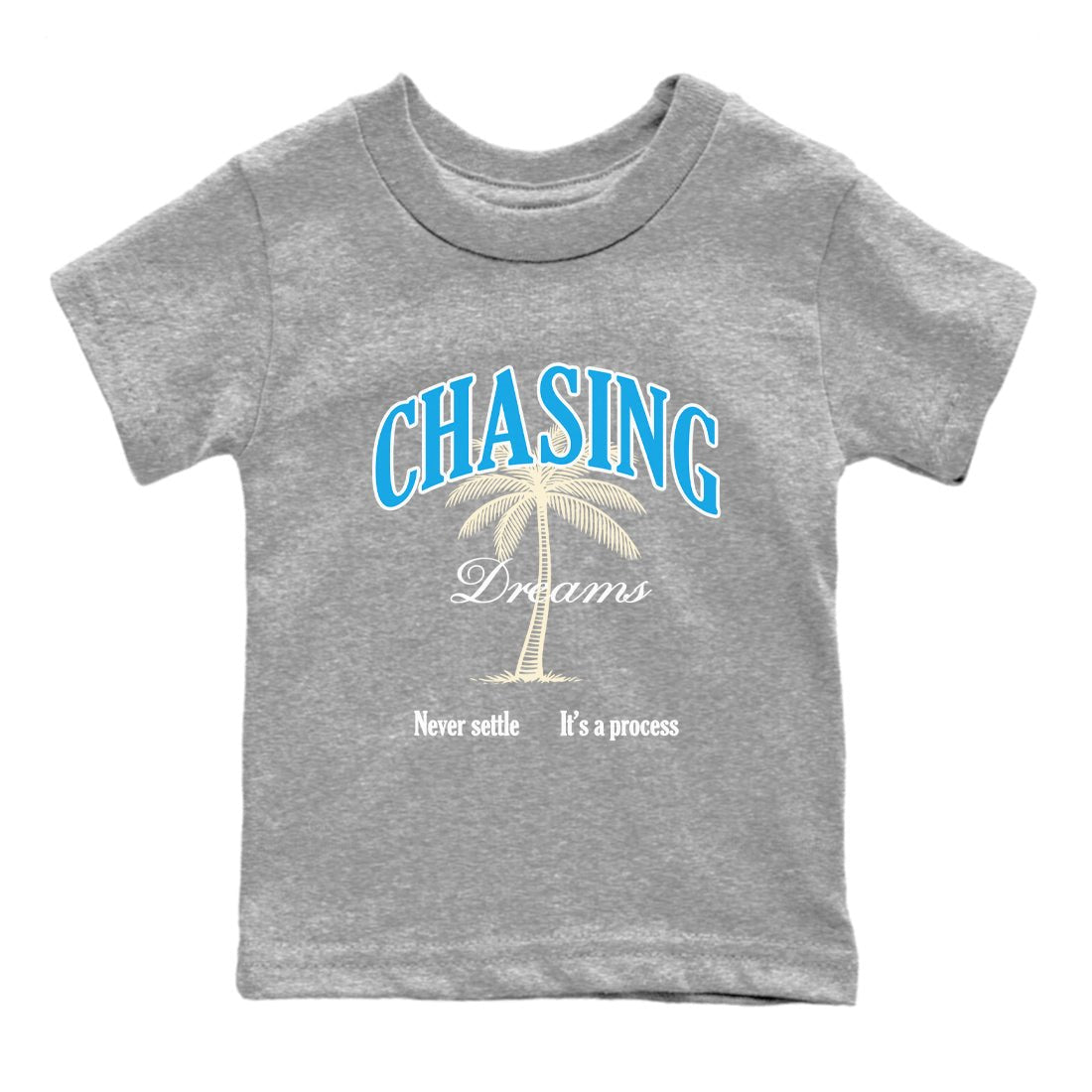 Chasing Dreams baby and kids t-shirt crafted for little sneakerheads to shine with the Air Jordan 1 UNC Reimagined sneakers, displayed in Heather Grey 2.