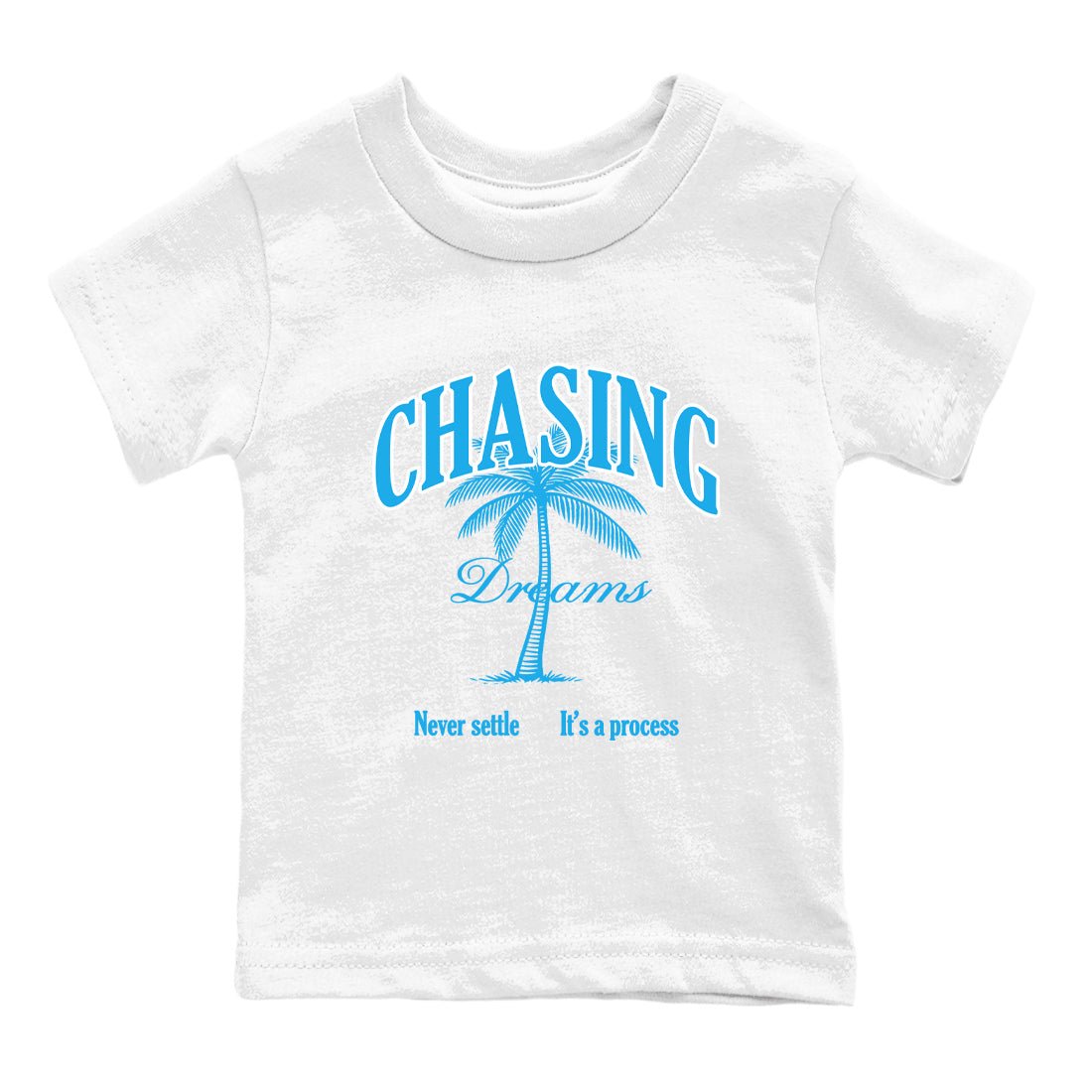 Chasing Dreams baby and kids t-shirt crafted for little sneakerheads to shine with the Air Jordan 1 UNC Reimagined sneakers, displayed in White 2.
