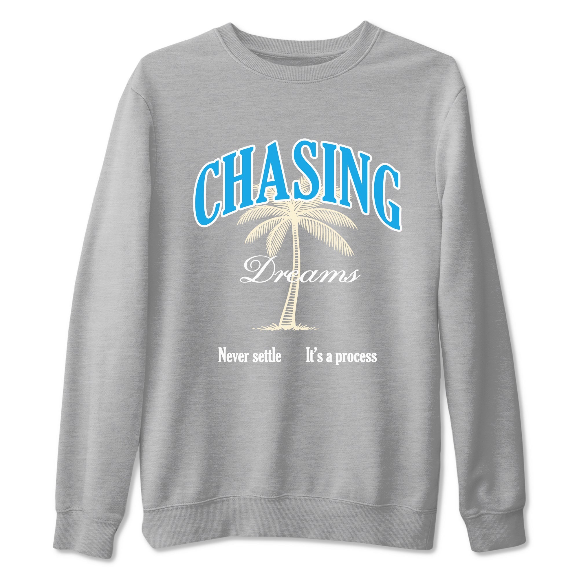 Chasing Dreams sneaker match t-shirt styled to complete your fit with the Air Jordan 1 UNC Reimagined sneakers, shown in Heather Grey 2.