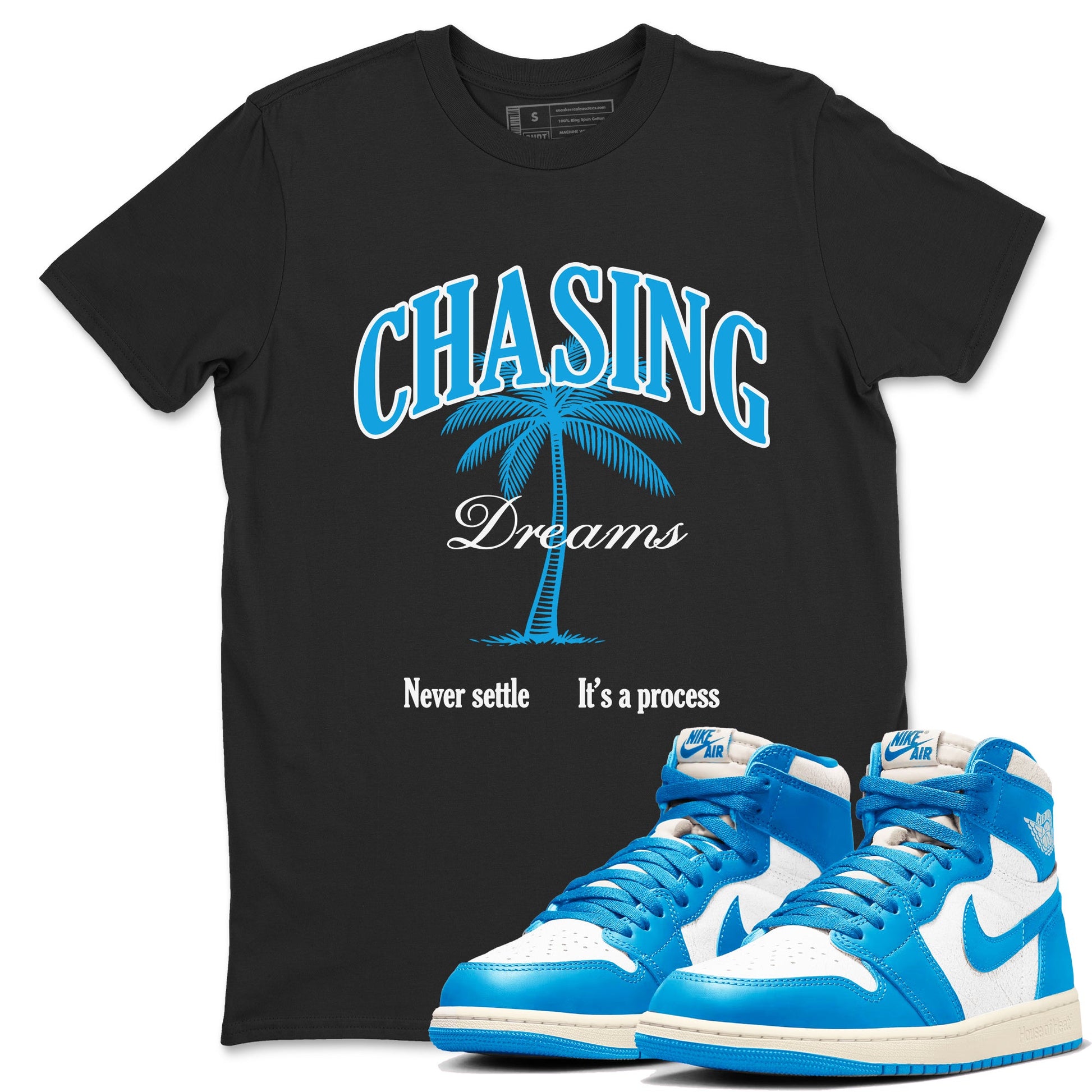 Chasing Dreams sneaker match t-shirt styled to complete your fit with the Air Jordan 1 UNC Reimagined sneakers, shown in Black 1.