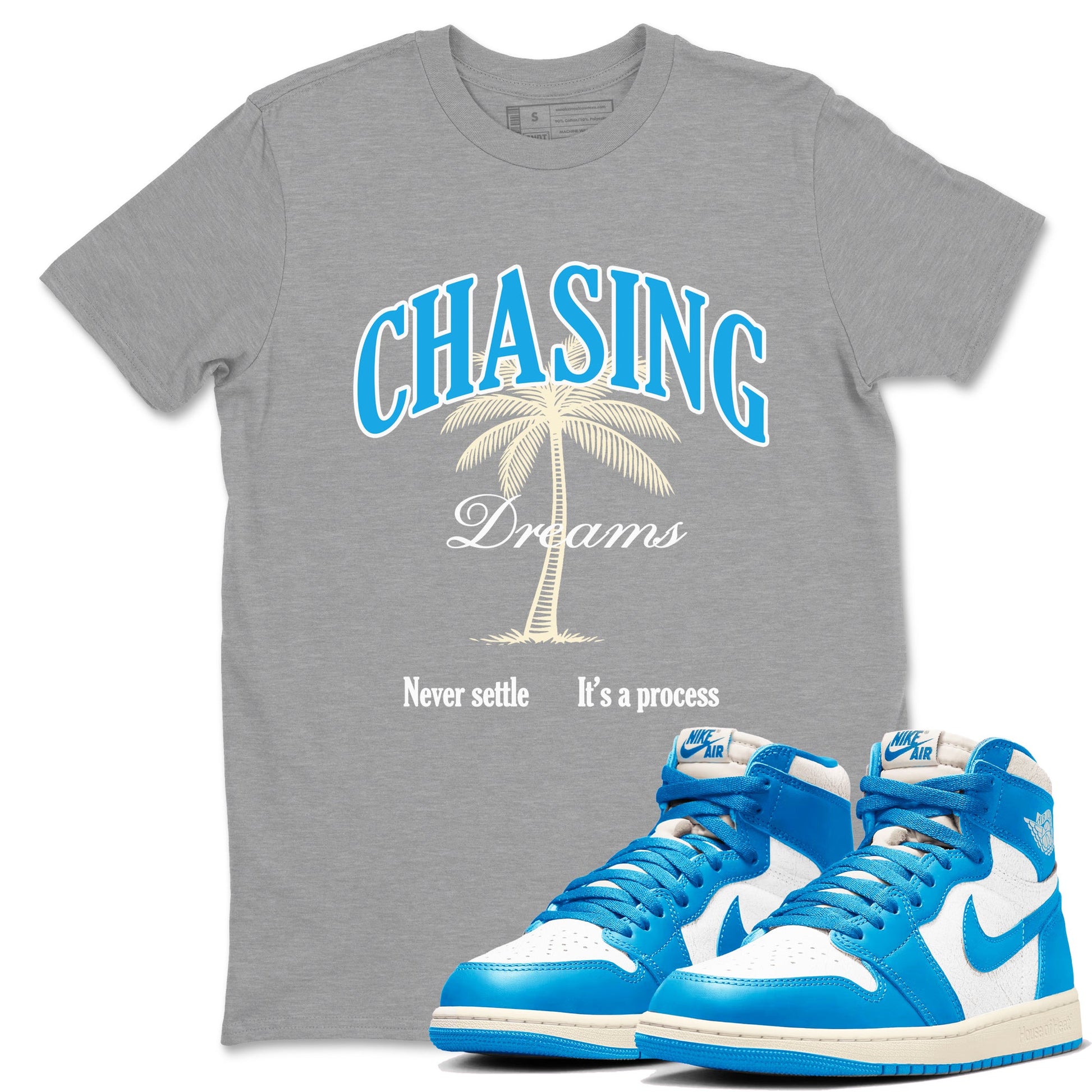 Chasing Dreams sneaker match t-shirt styled to complete your fit with the Air Jordan 1 UNC Reimagined sneakers, shown in Heather Grey 1.