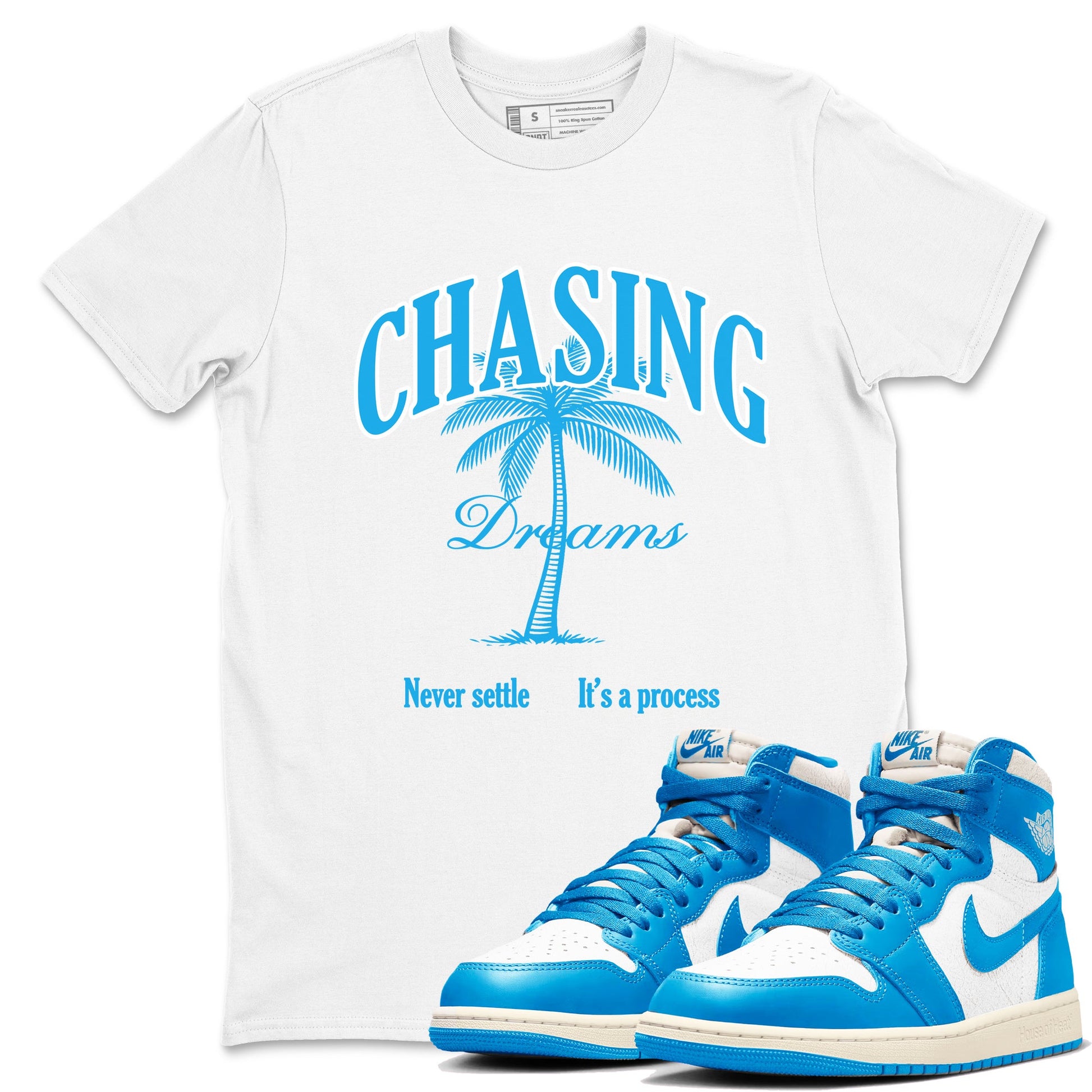 Chasing Dreams sneaker match t-shirt styled to complete your fit with the Air Jordan 1 UNC Reimagined sneakers, shown in White 1.