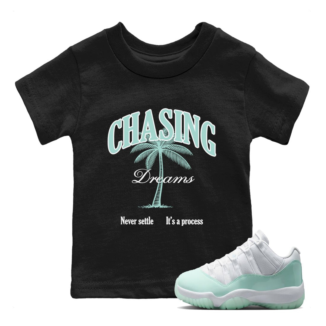 Chasing Dreams baby and kids t-shirt crafted for little sneakerheads to shine with the Air Jordan 11 Igloo sneakers, displayed in Black 1.