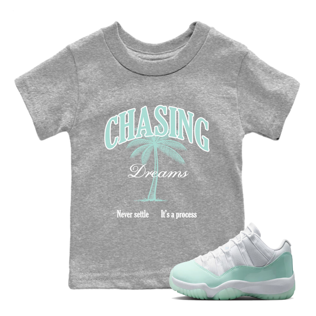 Chasing Dreams baby and kids t-shirt crafted for little sneakerheads to shine with the Air Jordan 11 Igloo sneakers, displayed in Heather Grey 1.