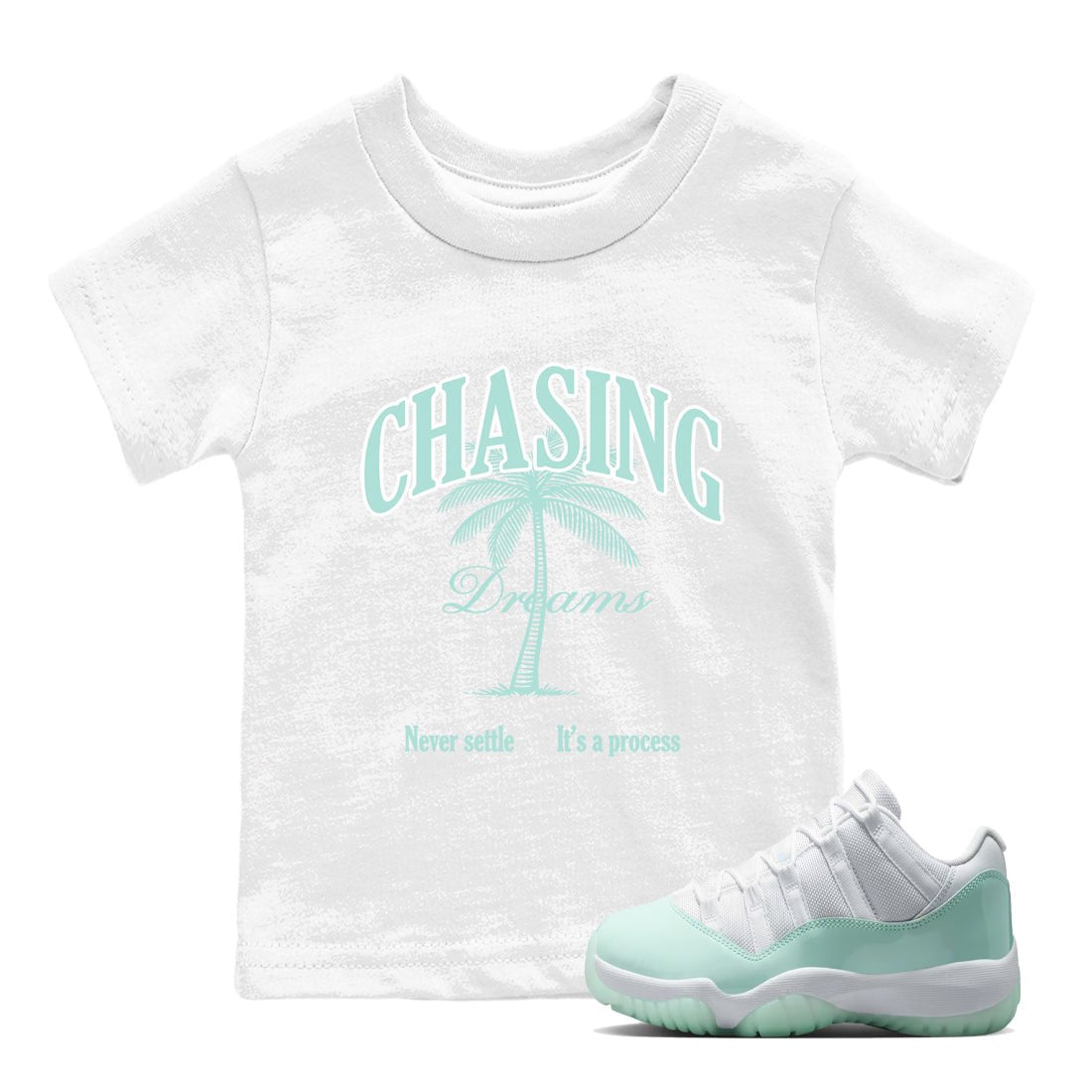 Chasing Dreams baby and kids t-shirt crafted for little sneakerheads to shine with the Air Jordan 11 Igloo sneakers, displayed in White 1.