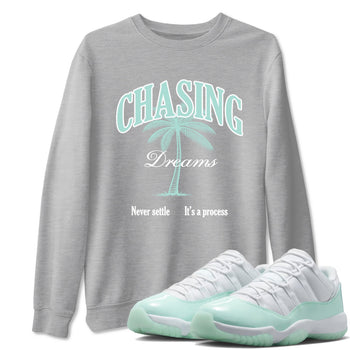 Chasing Dreams sneaker match t-shirt styled to complete your fit with the Air Jordan 11 Igloo sneakers, shown in Heather Grey 1.