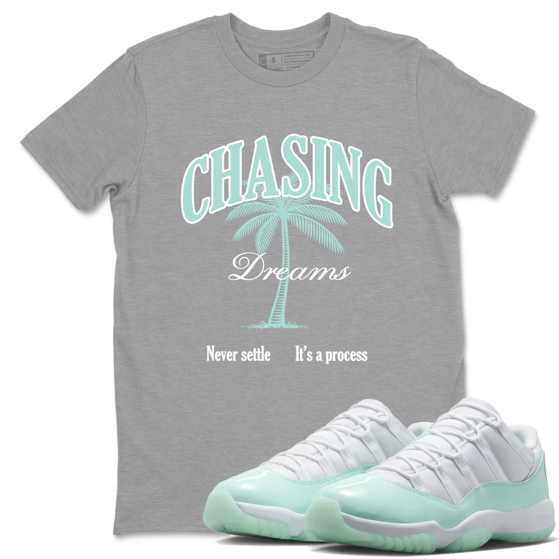 Chasing Dreams sneaker match t-shirt styled to complete your fit with the Air Jordan 11 Igloo sneakers, shown in Heather Grey 1.