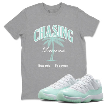 Chasing Dreams sneaker match t-shirt styled to complete your fit with the Air Jordan 11 Igloo sneakers, shown in Heather Grey 1.