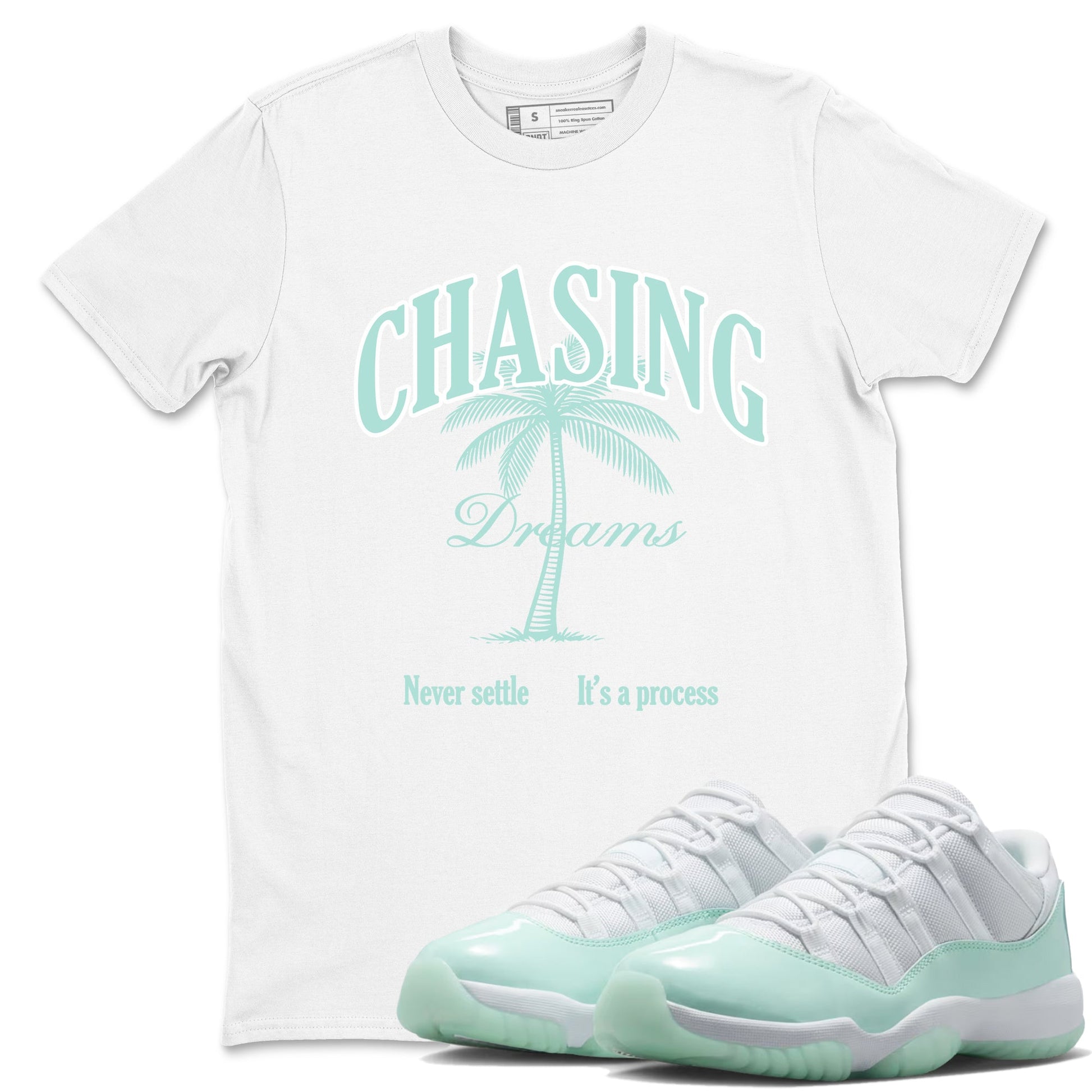 Chasing Dreams sneaker match t-shirt styled to complete your fit with the Air Jordan 11 Igloo sneakers, shown in White 1.