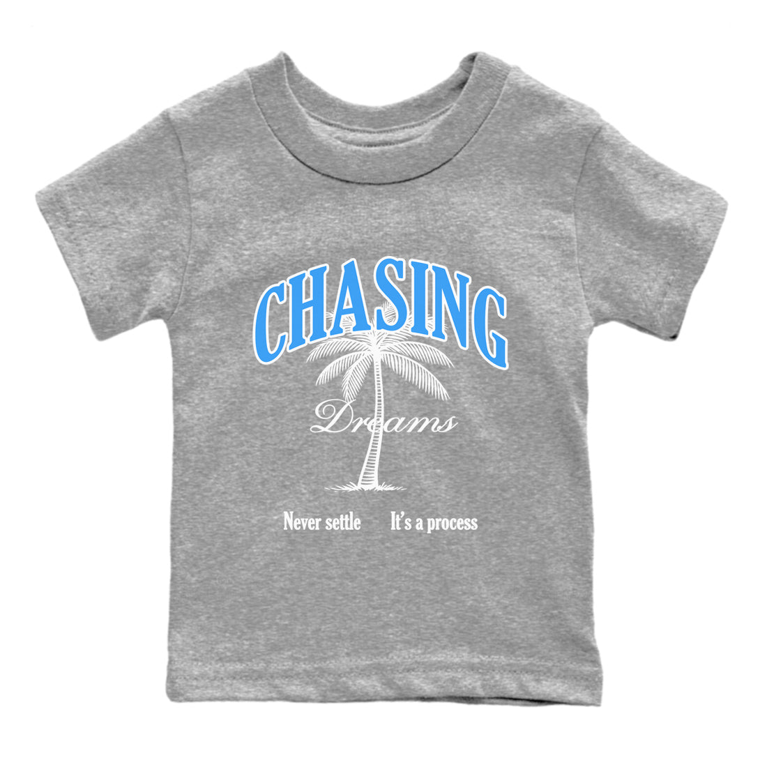 Chasing Dreams baby and kids t-shirt crafted for little sneakerheads to shine with the Air Jordan 12 White and University Blue sneakers, displayed in Heather Grey 2.