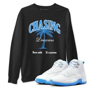 Chasing Dreams sneaker match t-shirt styled to complete your fit with the Air Jordan 12 White and University Blue sneakers, shown in Black 1.
