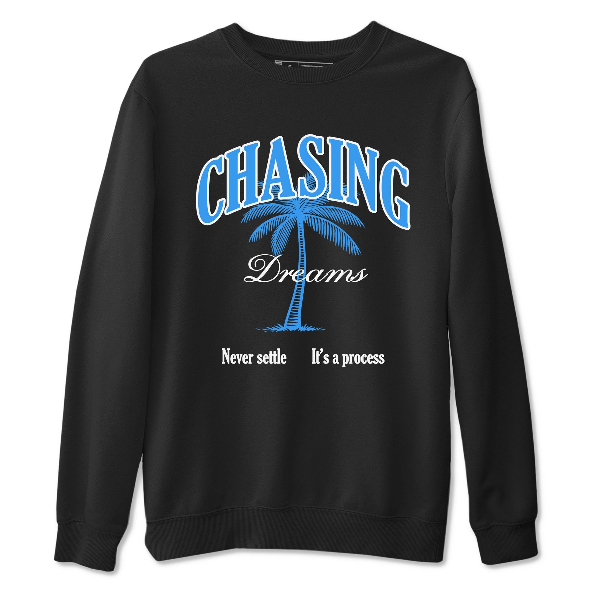 Chasing Dreams sneaker match t-shirt styled to complete your fit with the Air Jordan 12 White and University Blue sneakers, shown in Black 2.