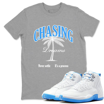Chasing Dreams sneaker match t-shirt styled to complete your fit with the Air Jordan 12 White and University Blue sneakers, shown in Heather Grey 1.