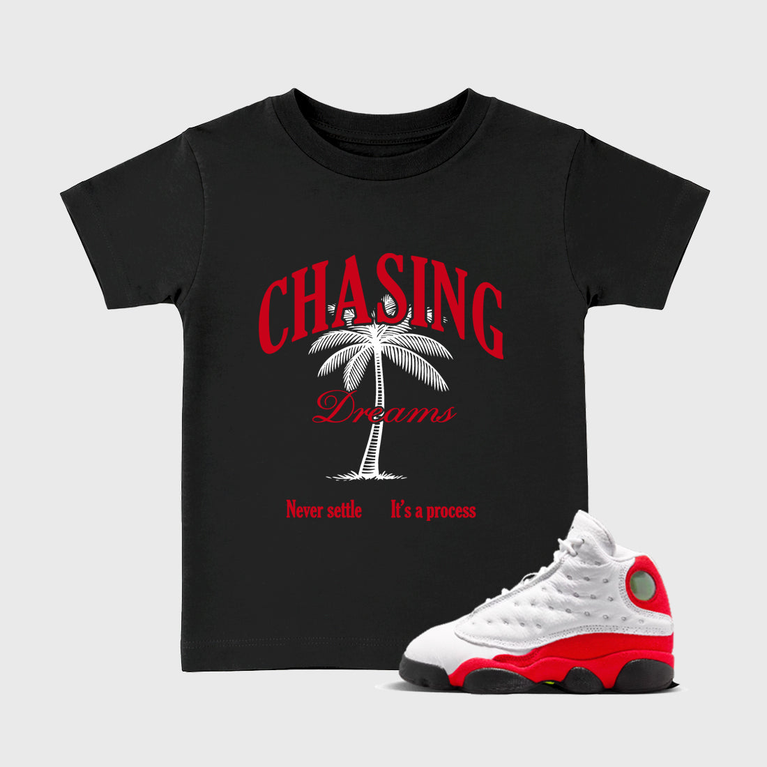 Sneaker match tees – Sneaker Tees To Match Air Jordan 13 University Red Shoes – Chasing Dreams Kids T-Shirt Black 1