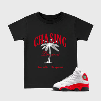 Sneaker match tees – Sneaker Tees To Match Air Jordan 13 University Red Shoes – Chasing Dreams Kids T-Shirt Black 1