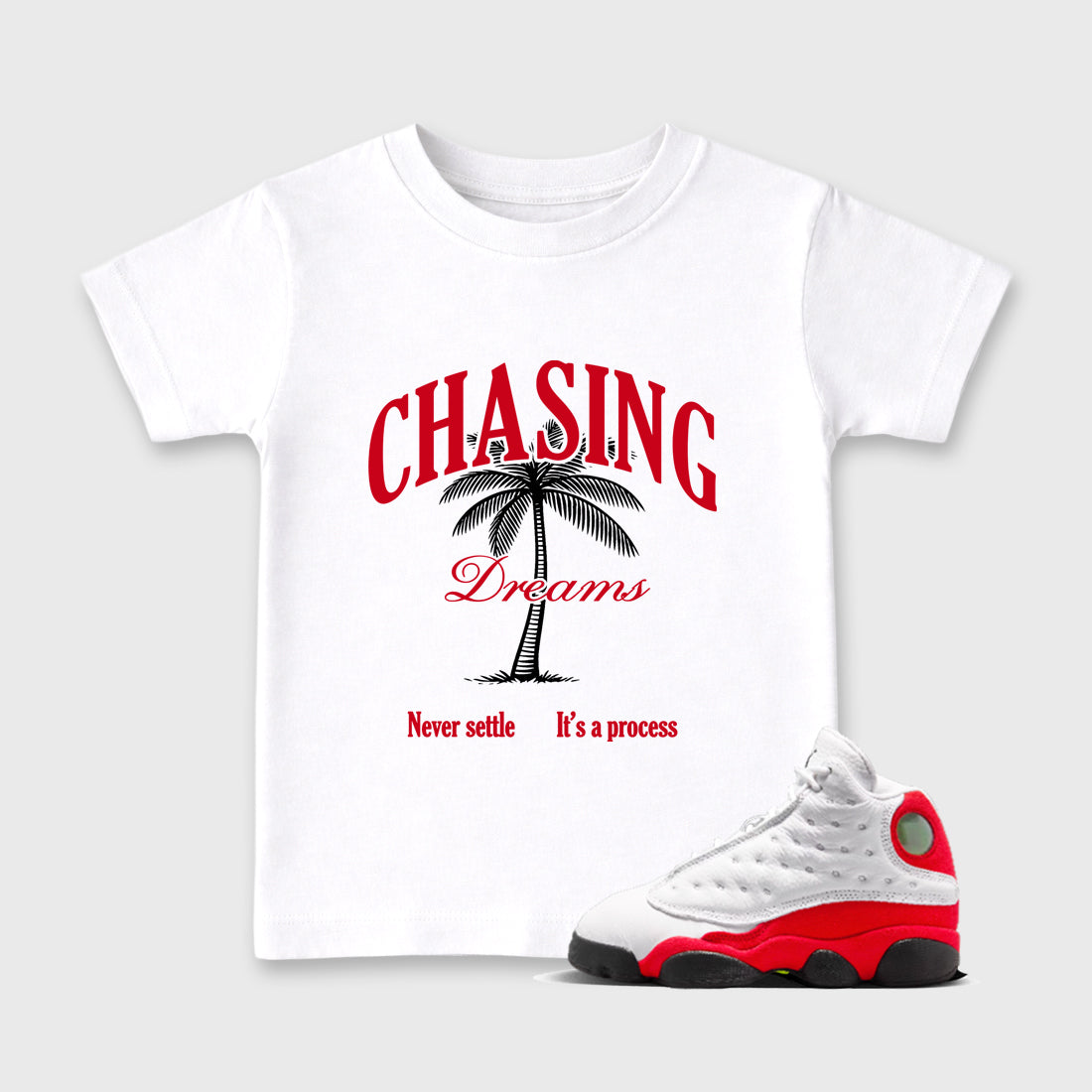 Sneaker match tees – Sneaker Tees To Match Air Jordan 13 University Red Shoes – Chasing Dreams Kids T-Shirt White 1