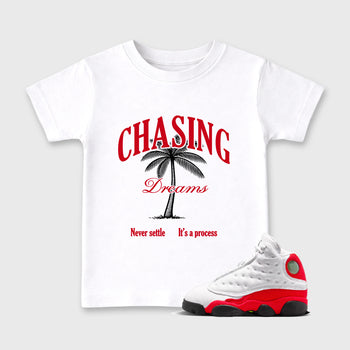 Sneaker match tees – Sneaker Tees To Match Air Jordan 13 University Red Shoes – Chasing Dreams Kids T-Shirt White 1