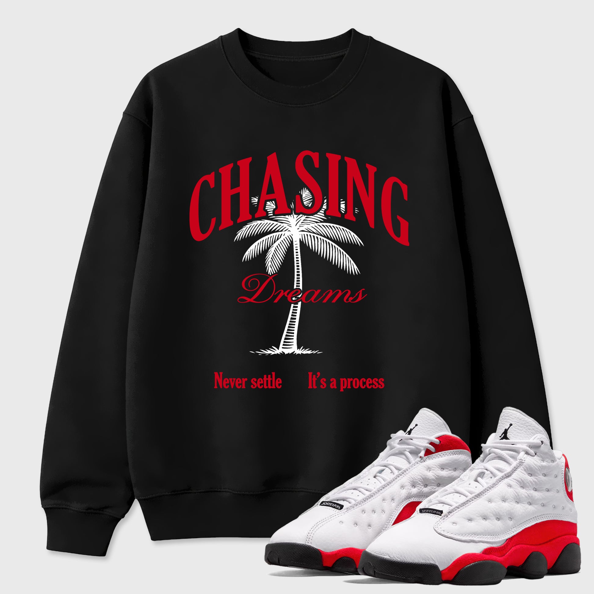 Sneaker match tees – Sneaker Tees To Match Air Jordan 13 University Red Shoes – Chasing Dreams Tee Black 1