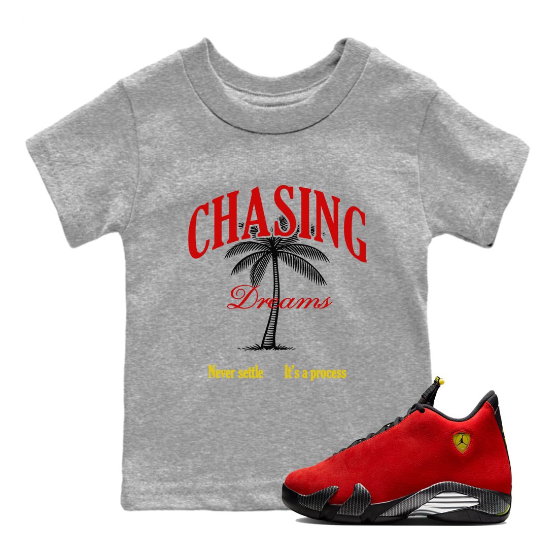 Chasing Dreams baby and kids t-shirt crafted for little sneakerheads to shine with the Air Jordan 14 Challenge Red sneakers, AJ14 Ferrari,  displayed in Heather Grey 1.