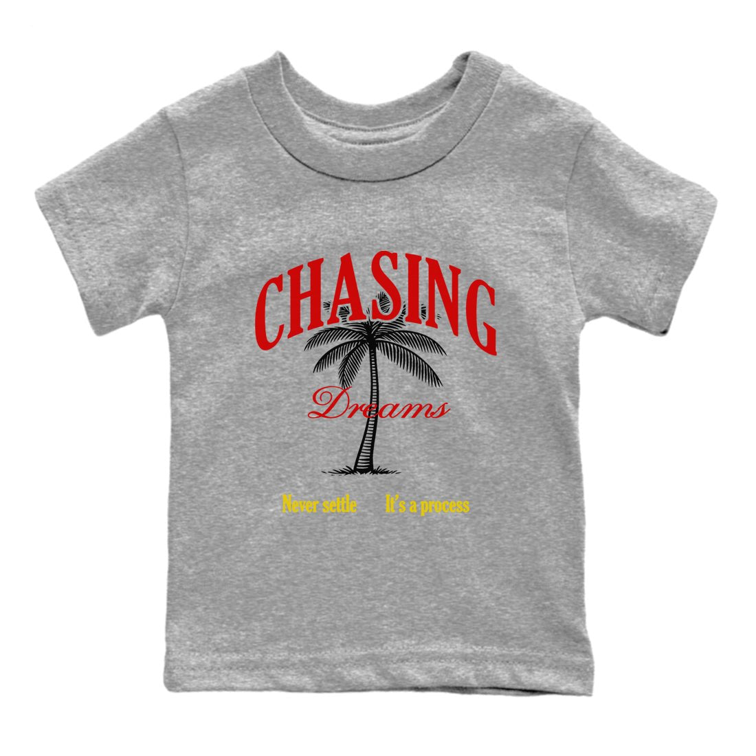 Chasing Dreams baby and kids t-shirt crafted for little sneakerheads to shine with the Air Jordan 14 Challenge Red sneakers, AJ14 Ferrari,  displayed in Heather Grey 2.