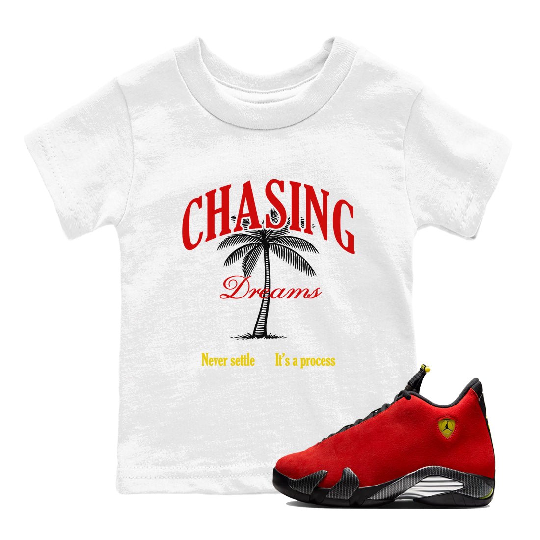 Chasing Dreams baby and kids t-shirt crafted for little sneakerheads to shine with the Air Jordan 14 Challenge Red sneakers, AJ14 Ferrari,  displayed in White 1.