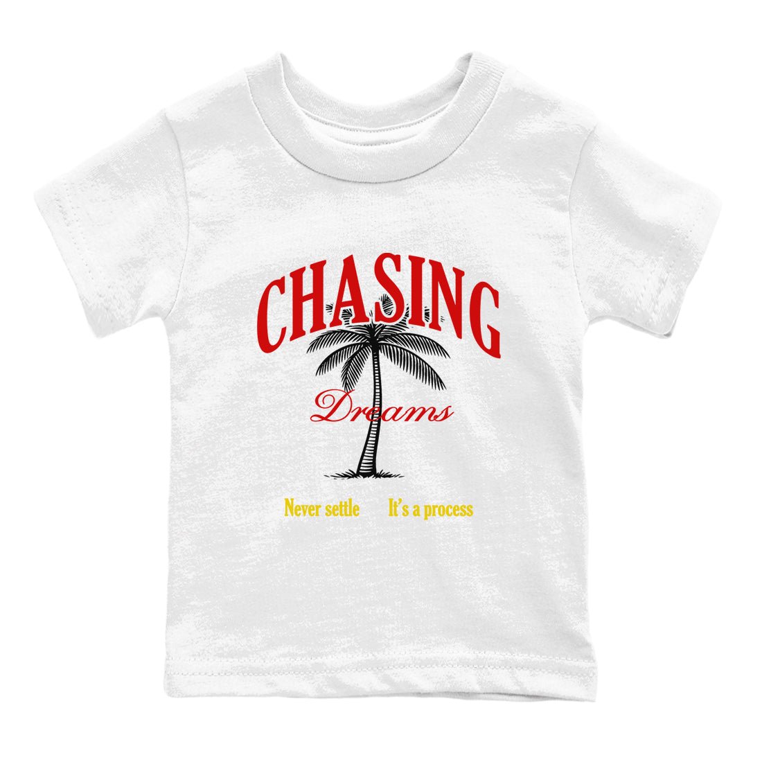 Chasing Dreams baby and kids t-shirt crafted for little sneakerheads to shine with the Air Jordan 14 Challenge Red sneakers, AJ14 Ferrari,  displayed in White 2.