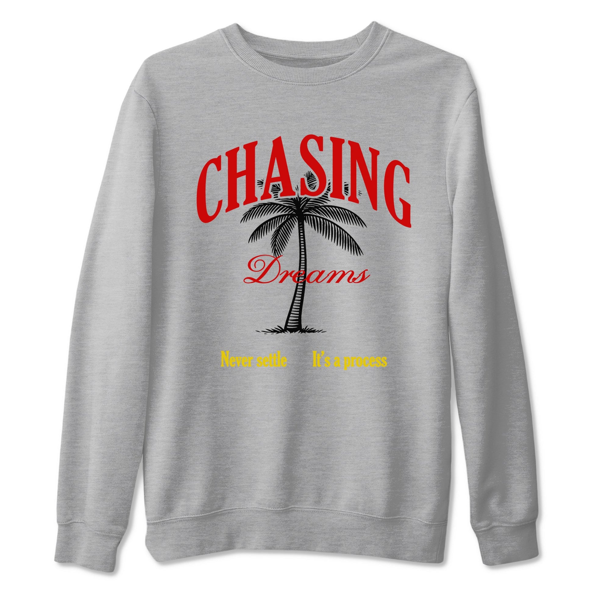 Chasing Dreams sneaker match t-shirt styled to complete your fit with the Air Jordan 14 Challenge Red sneakers, AJ14 Ferrari,  shown in Heather Grey 2.